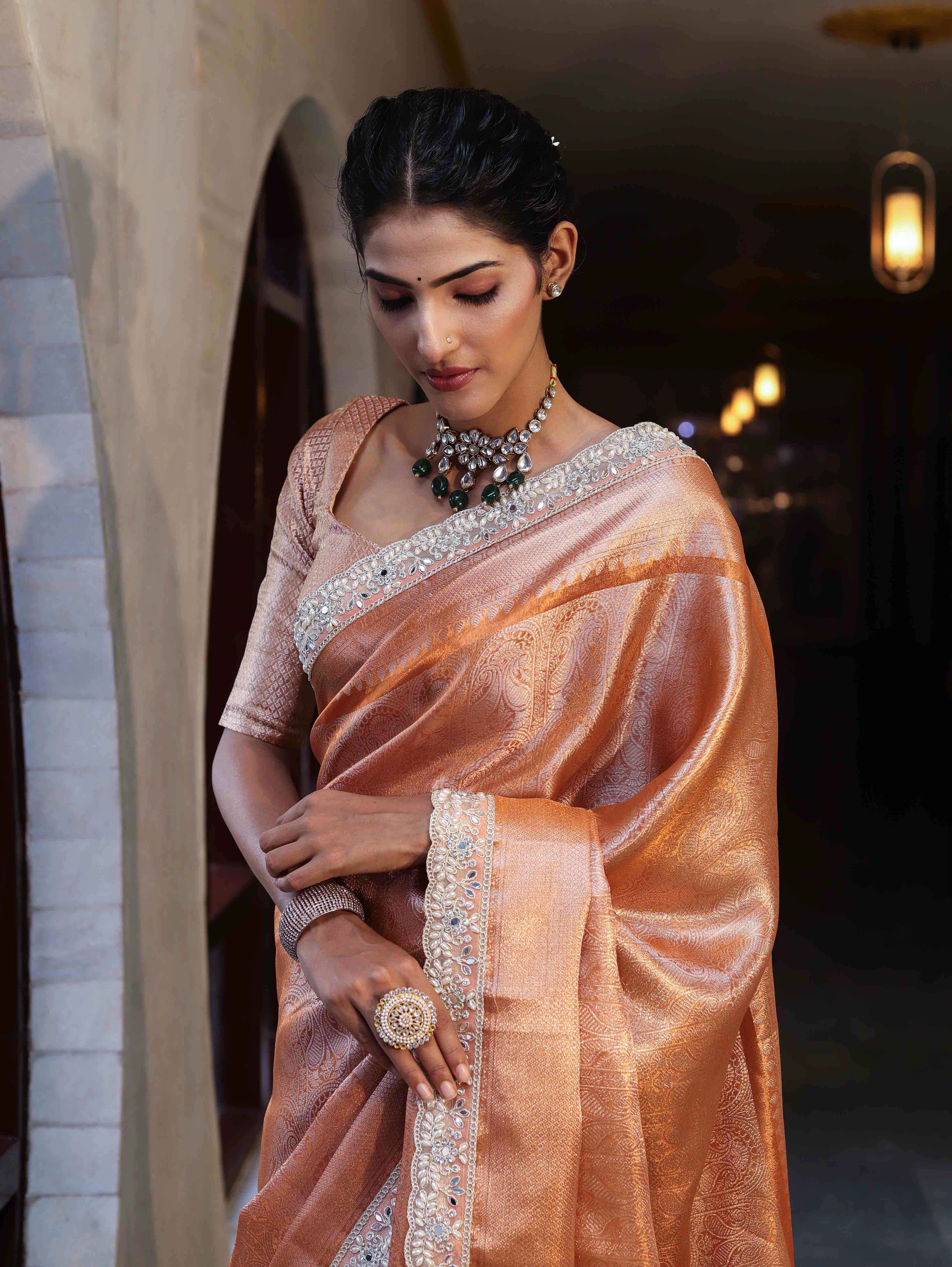 Banarasee Handwoven Tissue Saree With Zari Weaving Design & Lace-Rust