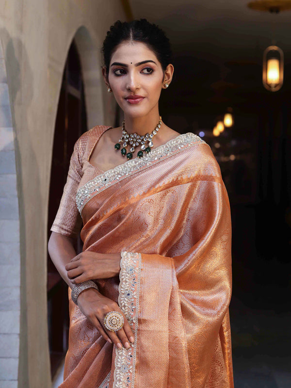 Banarasee Handwoven Tissue Saree With Zari Weaving Design & Lace-Rust