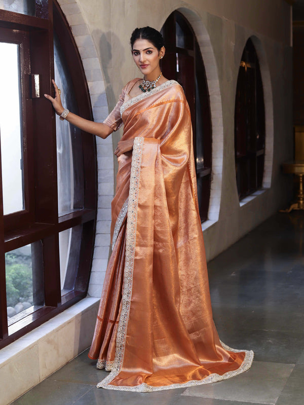 Banarasee Handwoven Tissue Saree With Zari Weaving Design & Lace-Rust
