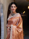 Banarasee Handwoven Tissue Saree With Zari Weaving Design & Lace-Rust