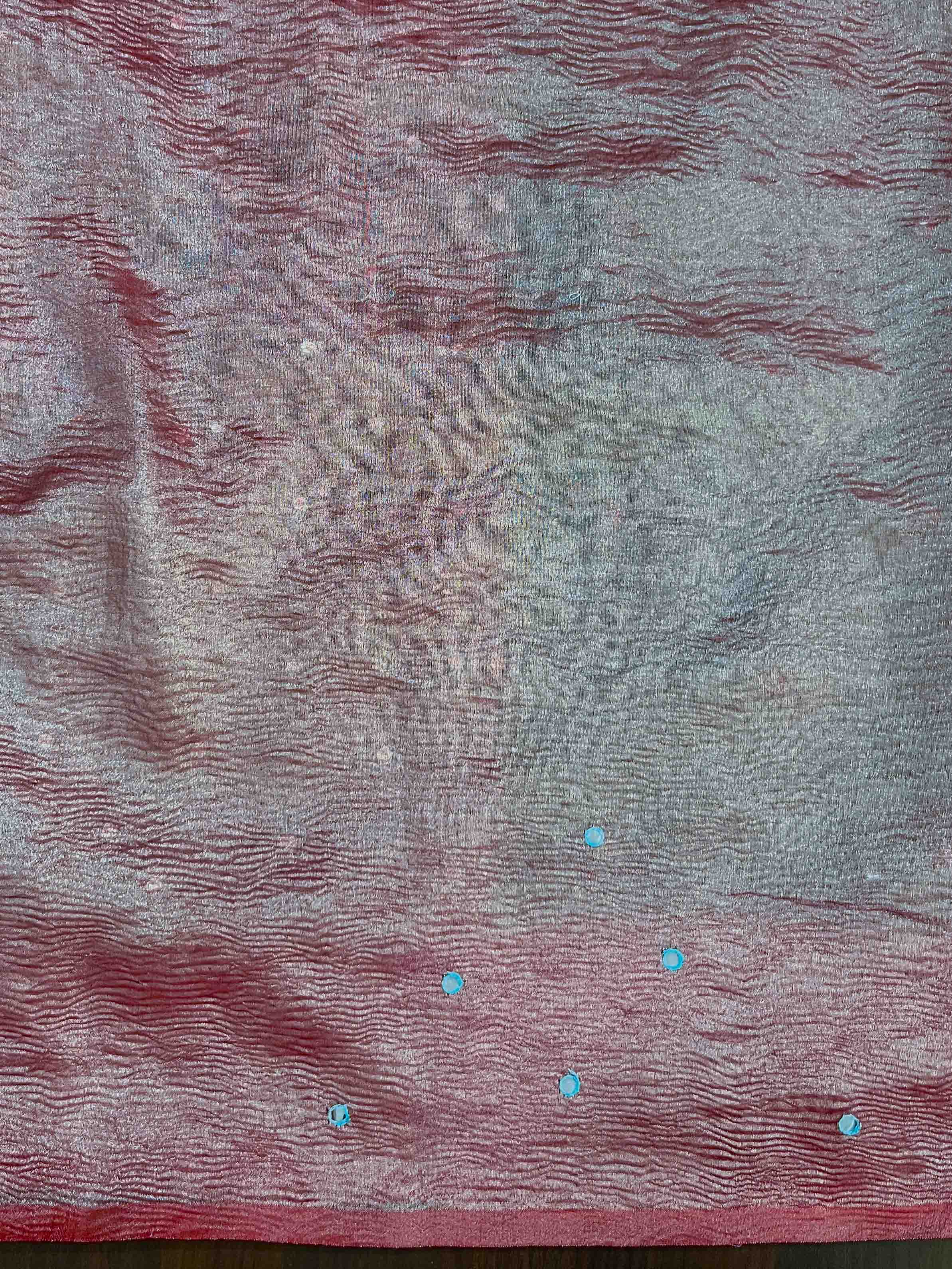 Banarasee Handwoven Crushed Tissue Saree With Mirror Work & Contrast Border-Sea Green