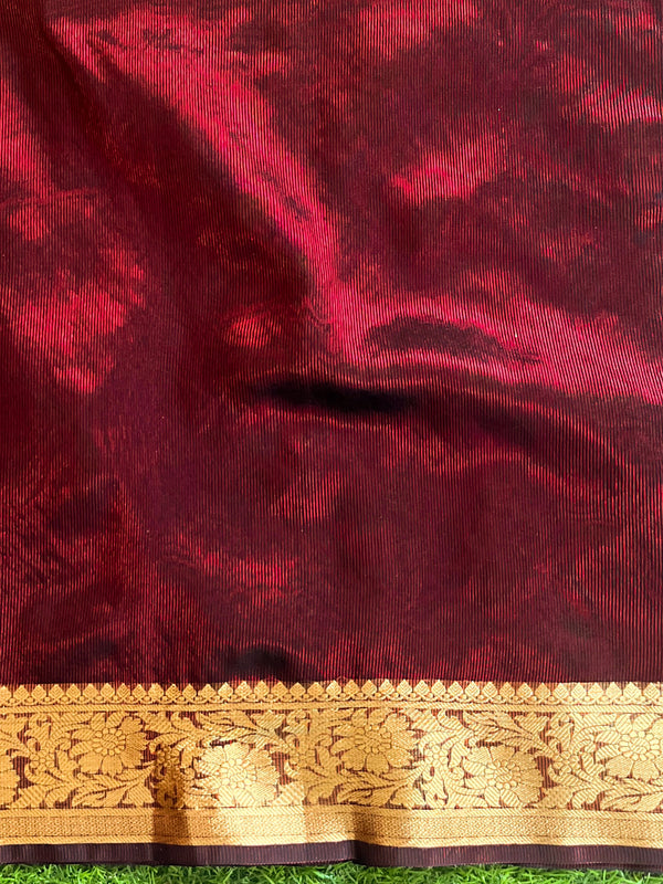 Banarasee Handwoven Dual Color Tissue Saree With Gold Zari Border & Lace-Maroon & Black