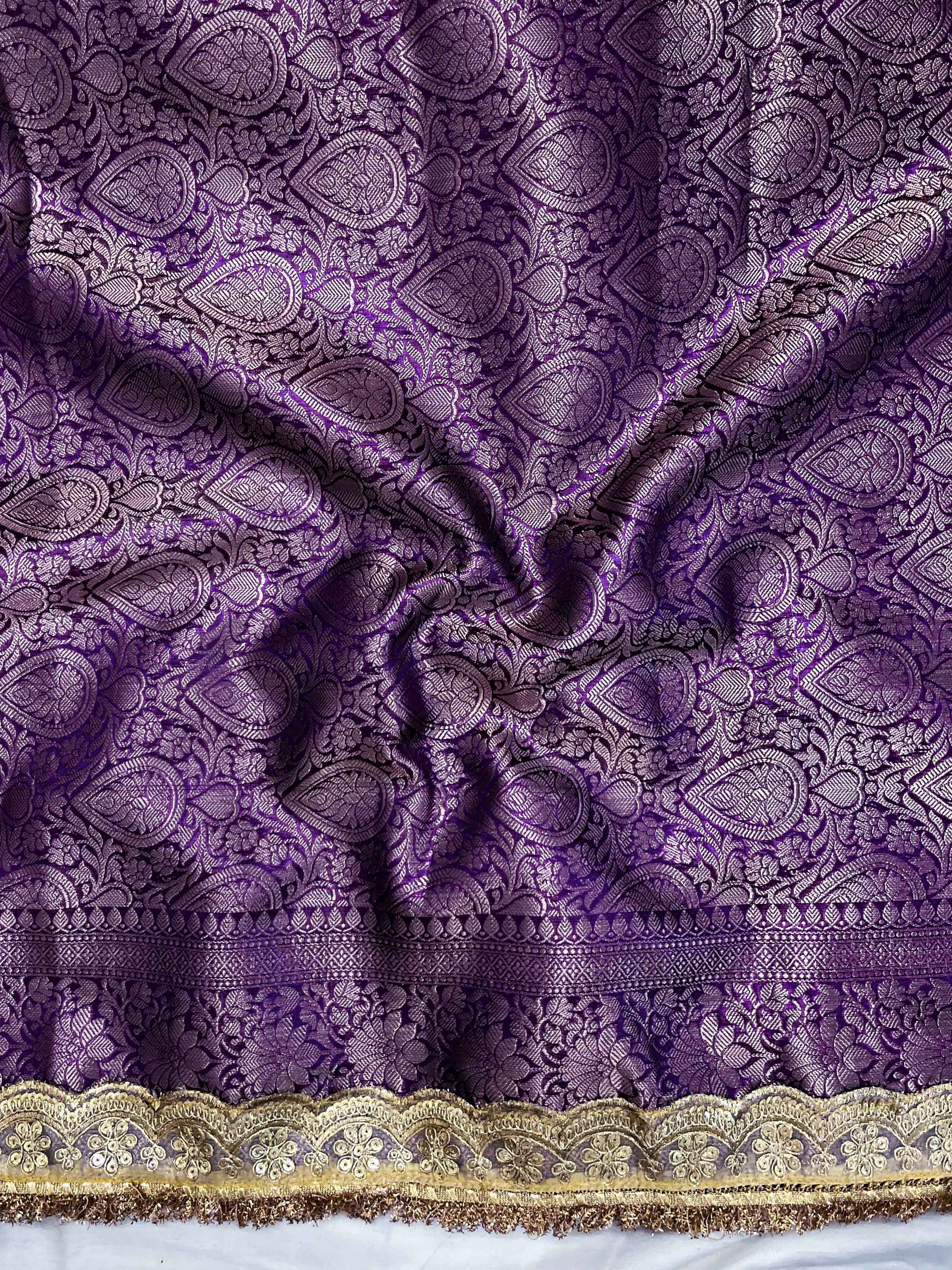 Banarasee Handwoven Tissue Saree With Zari Jaal Design Border & Lace-Purple