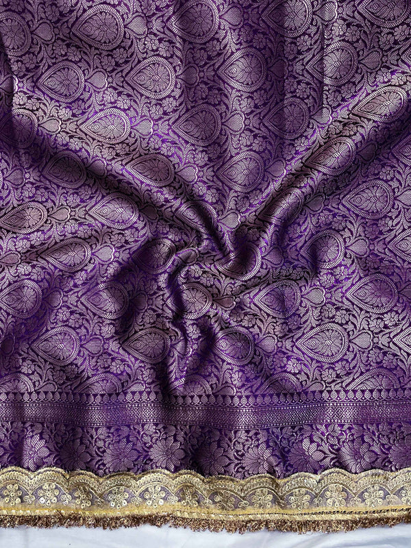 Banarasee Handwoven Tissue Saree With Zari Jaal Design Border & Lace-Purple
