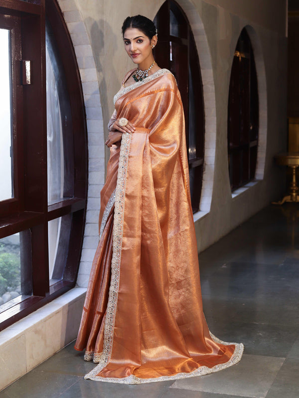 Banarasee Handwoven Tissue Saree With Zari Weaving Design & Lace-Rust