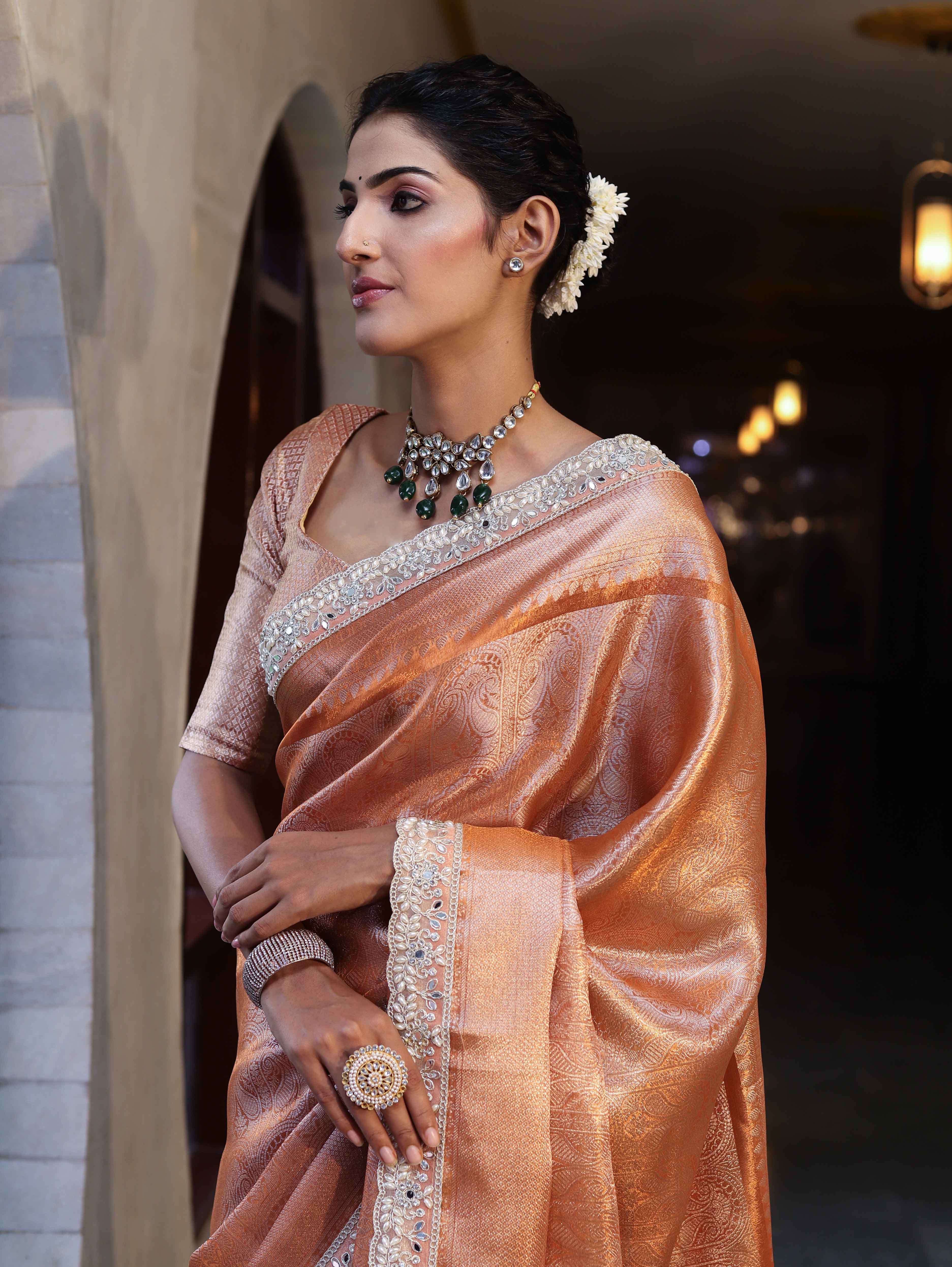 Banarasee Handwoven Tissue Saree With Zari Weaving Design & Lace-Rust