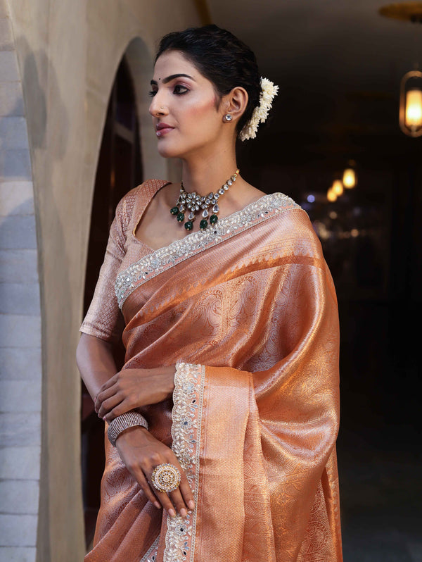 Banarasee Handwoven Tissue Saree With Zari Weaving Design & Lace-Rust