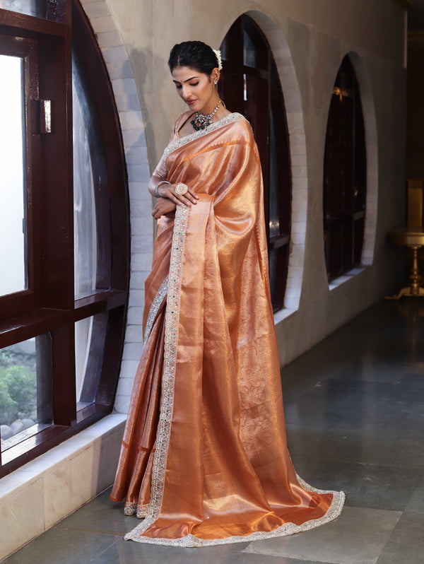 Banarasee Handwoven Tissue Saree With Zari Weaving Design & Lace-Rust