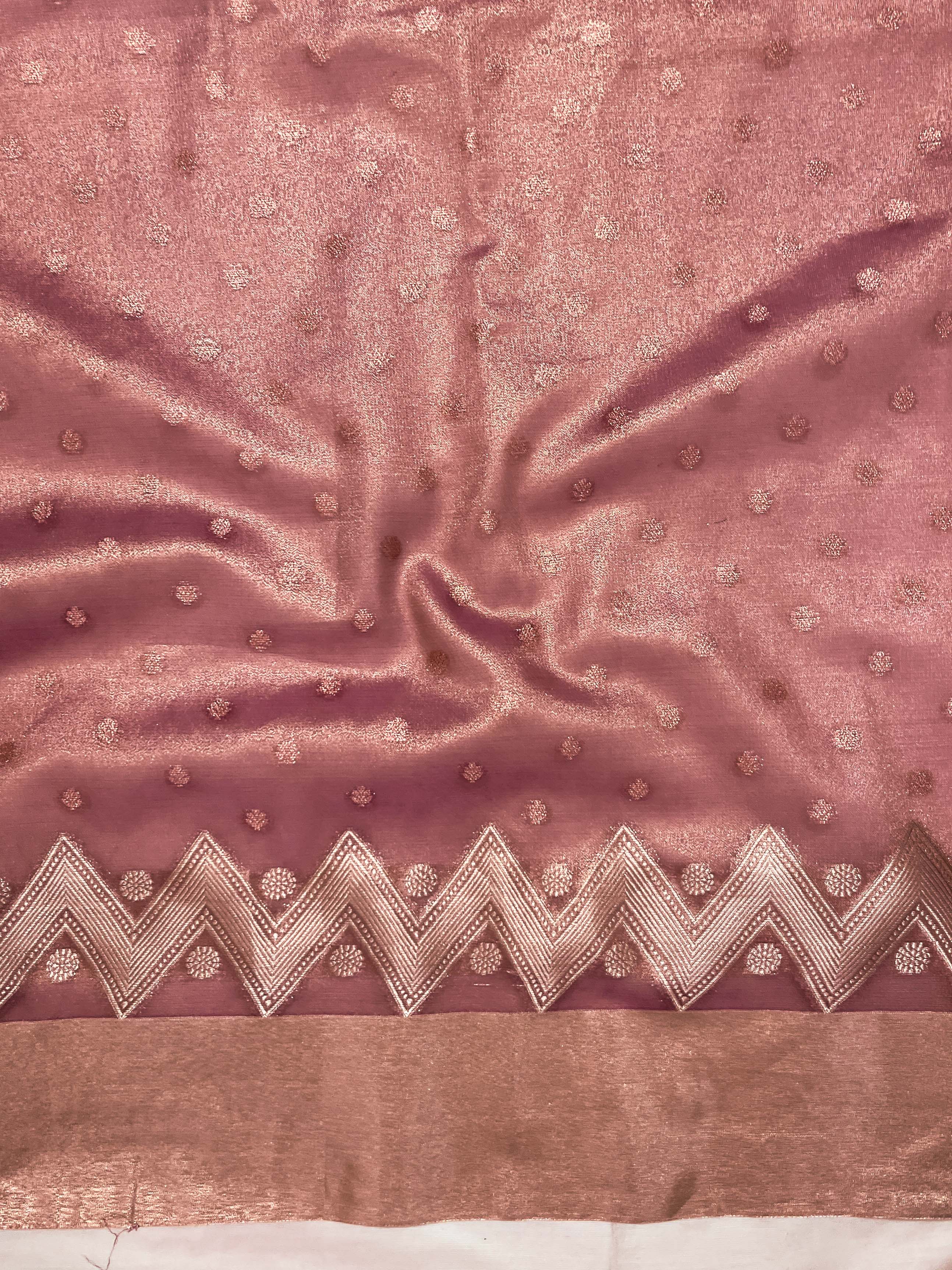 Banarasee Handwoven Tissue Saree With Zari Buti Design & Lace-Onion Pink