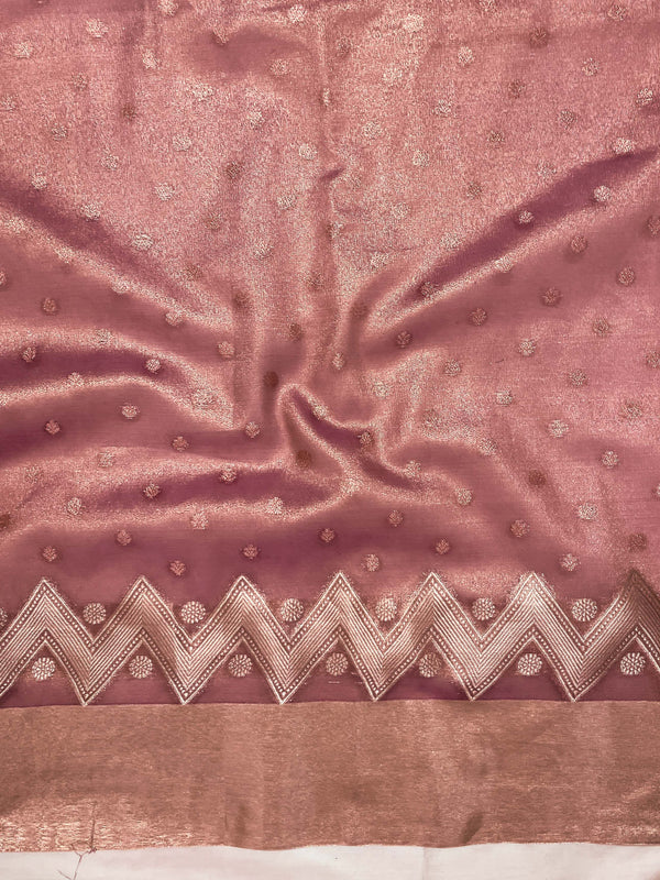 Banarasee Handwoven Tissue Saree With Zari Buti Design & Lace-Onion Pink