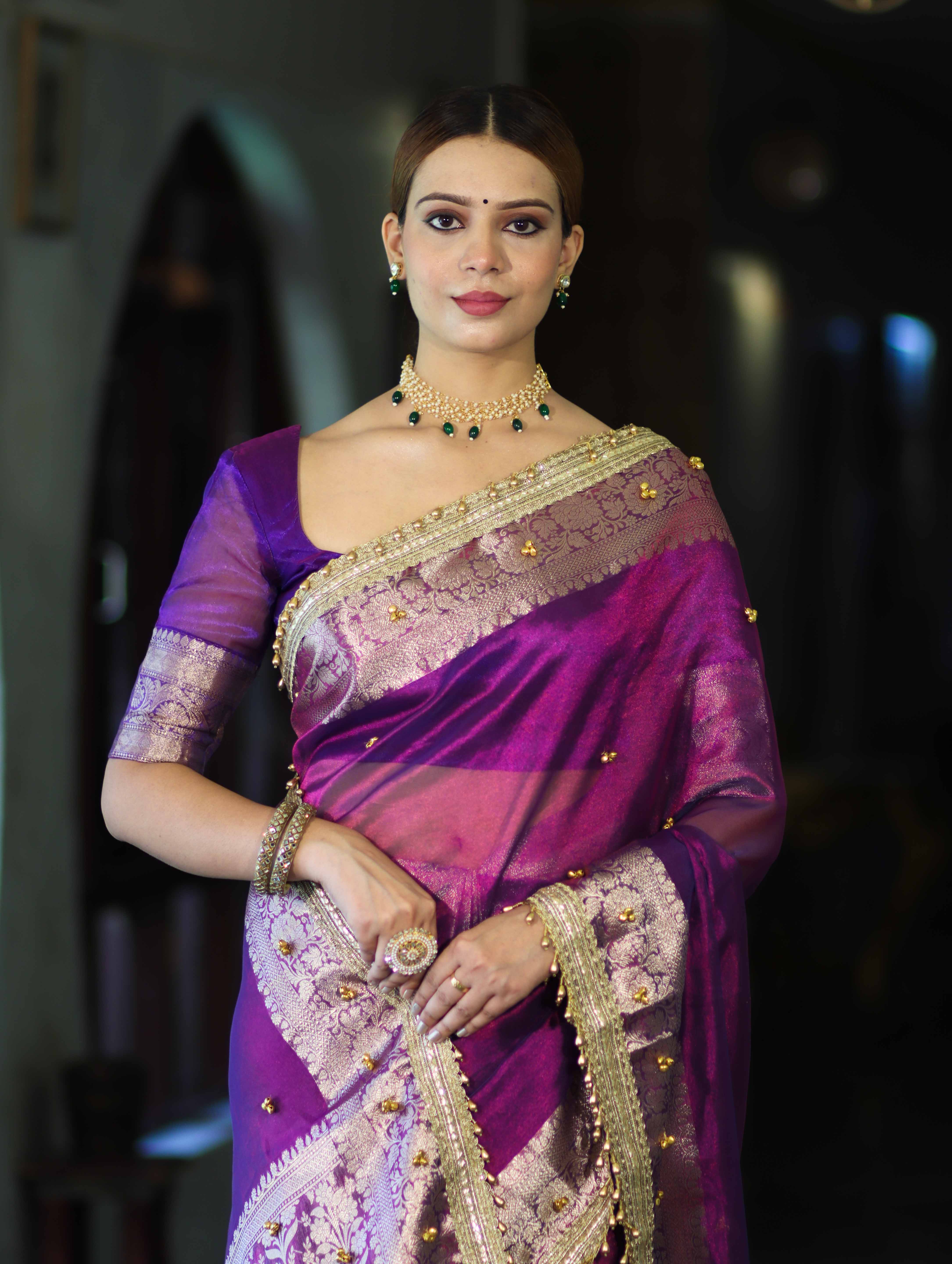 Banarasee Handwoven Tissue Saree With Embroidered Ghungroo Work-Violet