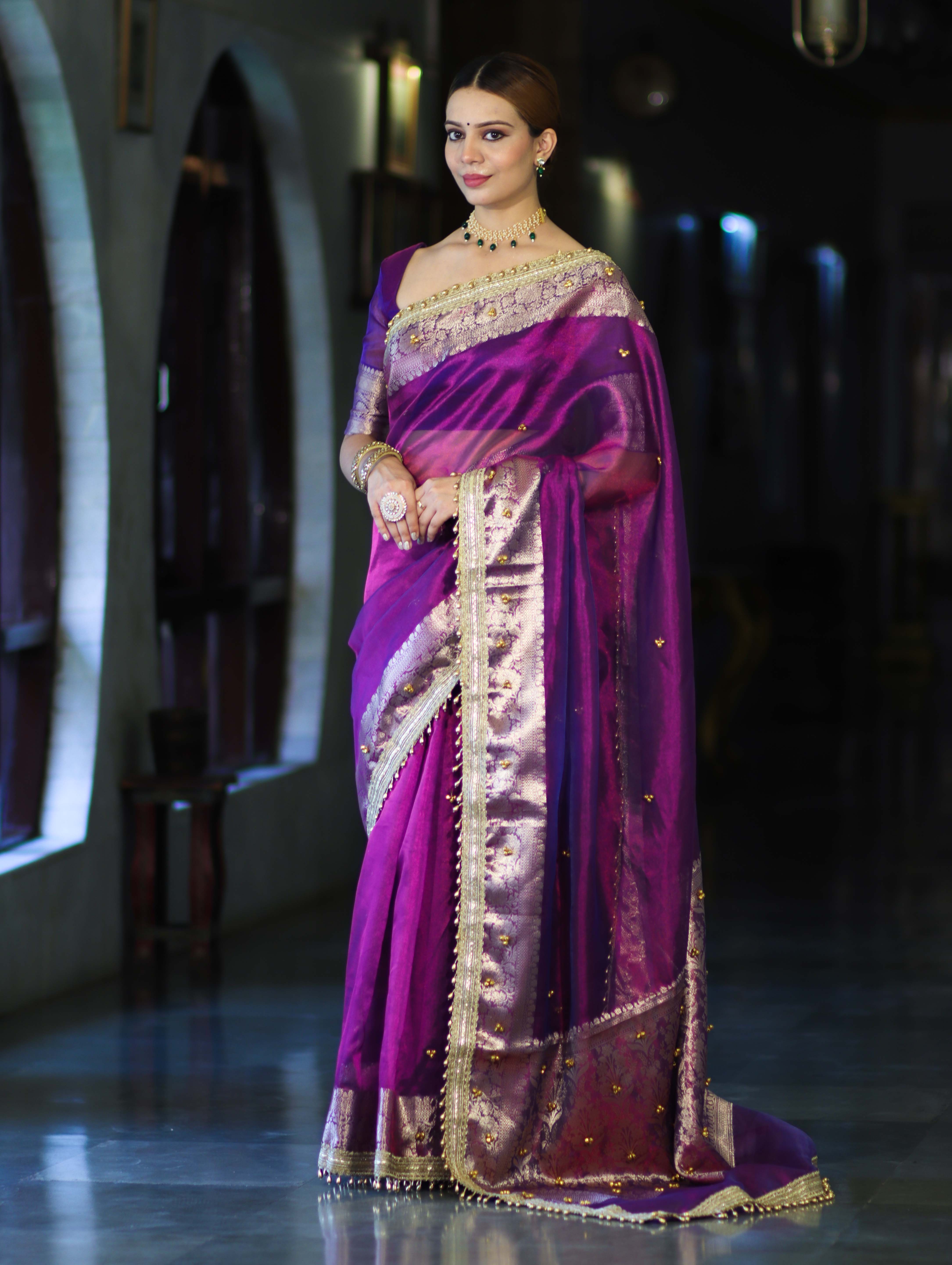 Banarasee Handwoven Tissue Saree With Embroidered Ghungroo Work-Violet