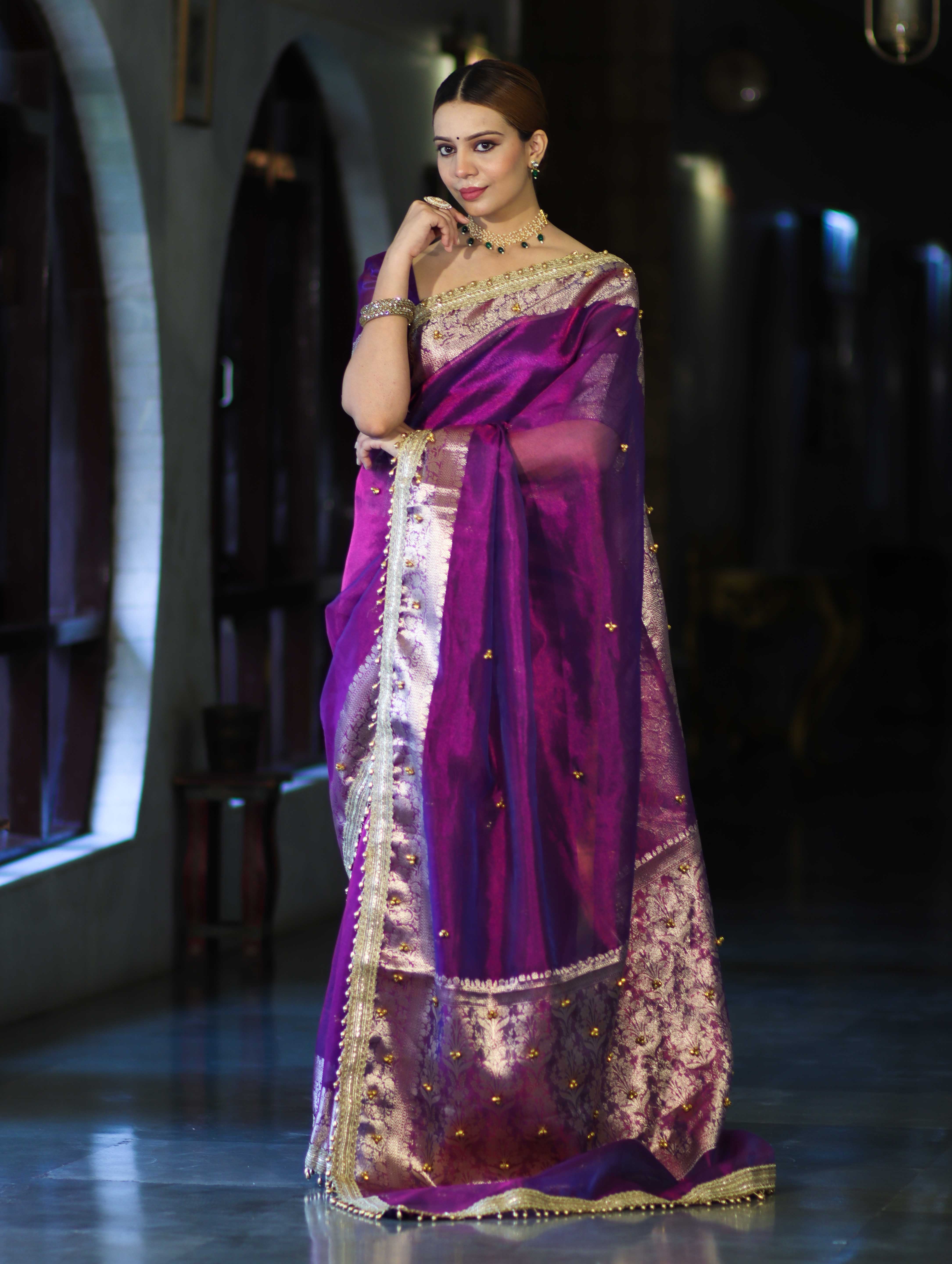Banarasee Handwoven Tissue Saree With Embroidered Ghungroo Work-Violet