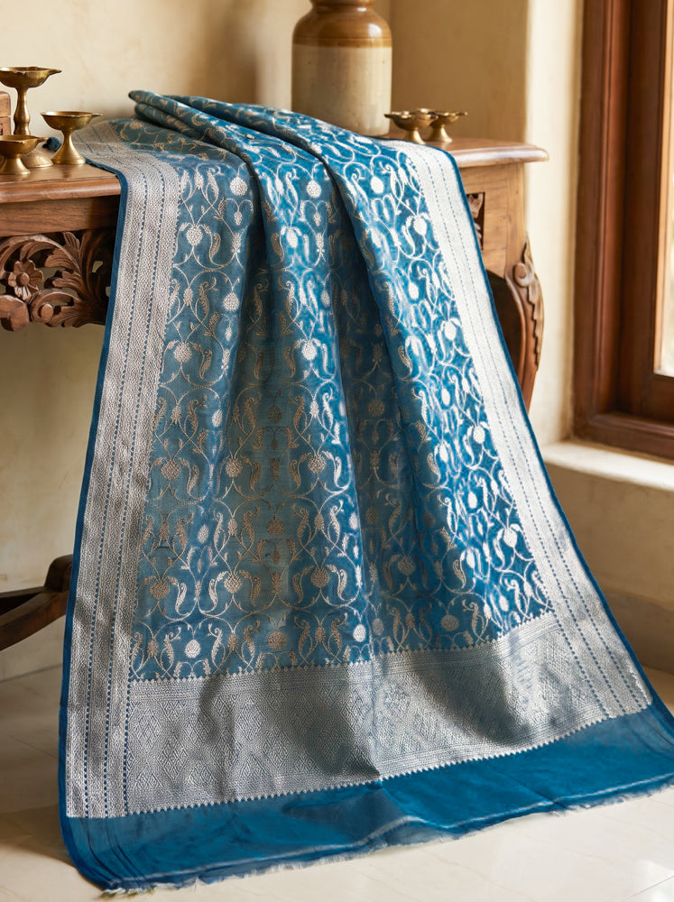 Banarasee Faux Georgette Antique Zari Work Salwar Kameez Fabric With Dupatta Set-Teal Blue