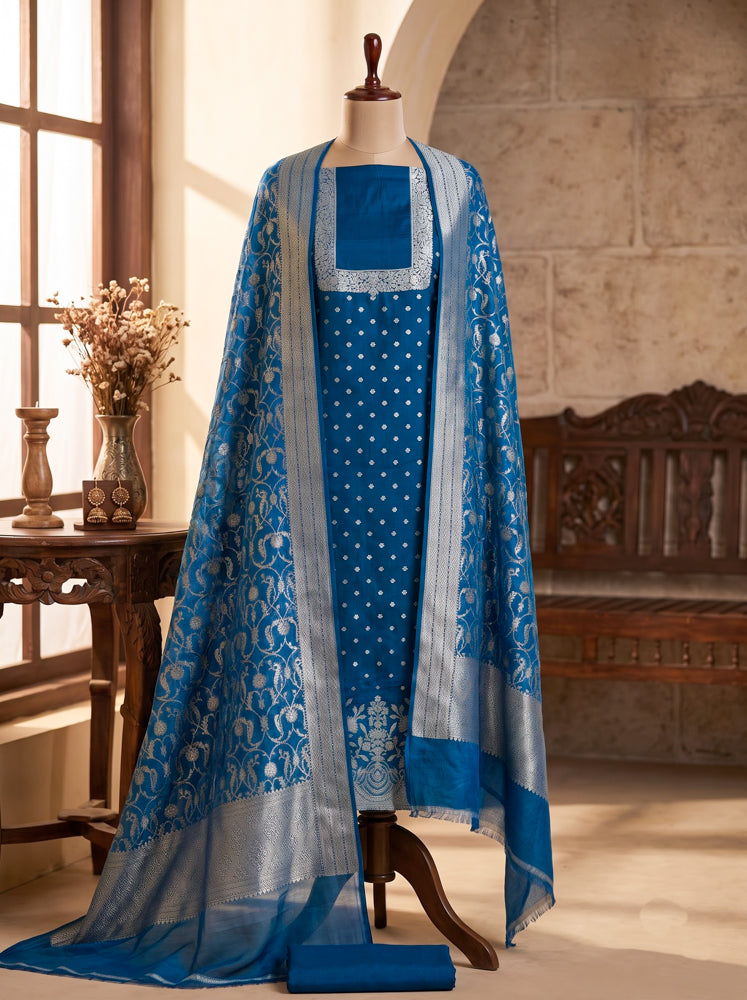 Banarasee Faux Georgette Zari Work Salwar Kameez Fabric With Dupatta Set-Teal Blue
