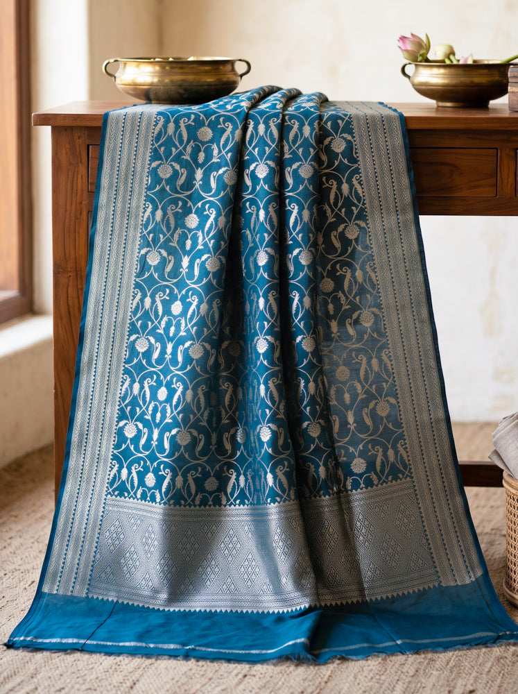 Banarasee Faux Georgette Zari Work Salwar Kameez Fabric With Dupatta Set-Teal Blue