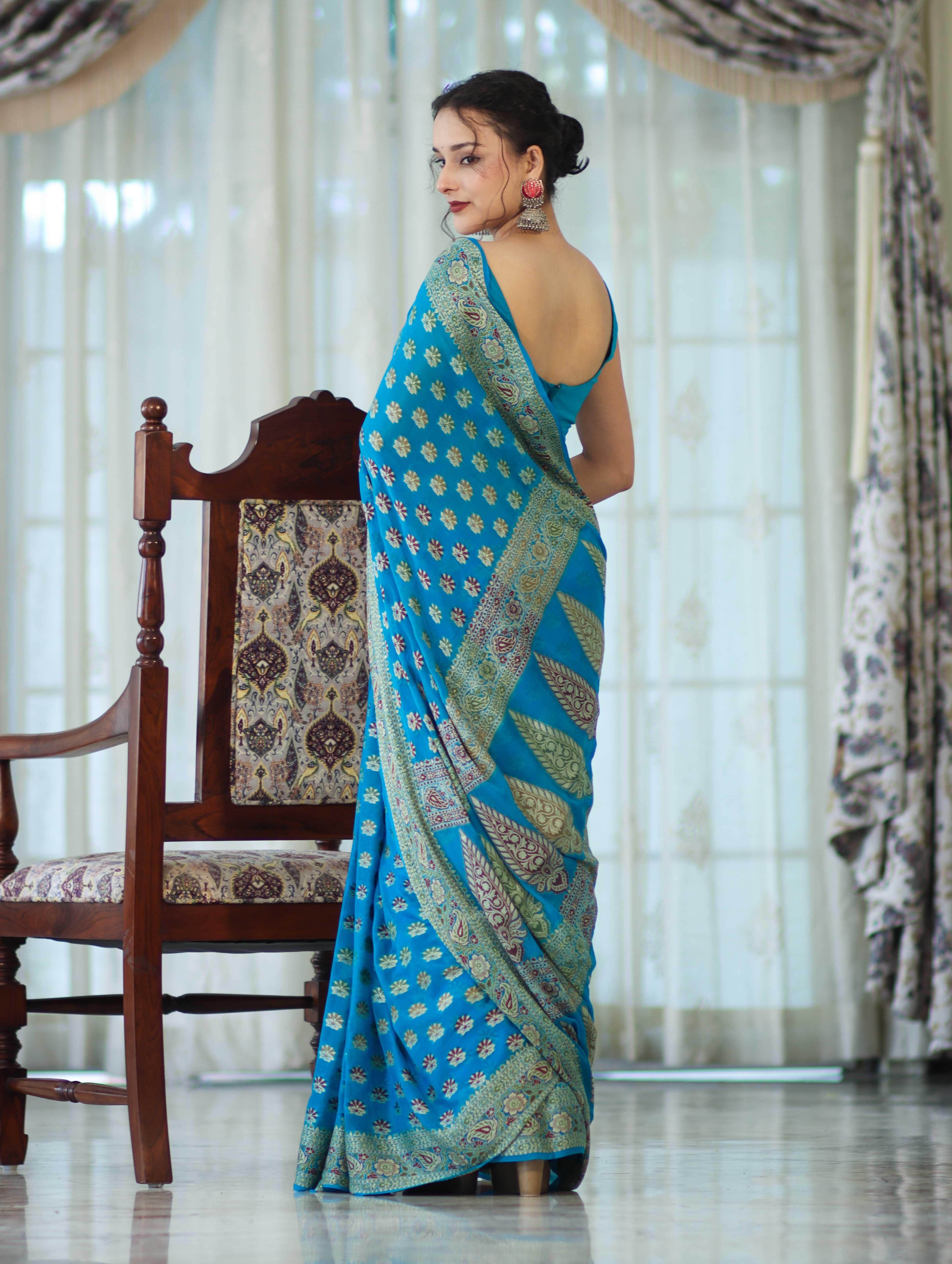 Banarasee Handloom Pure Chiffon Saree With Resham Work-Sky Blue