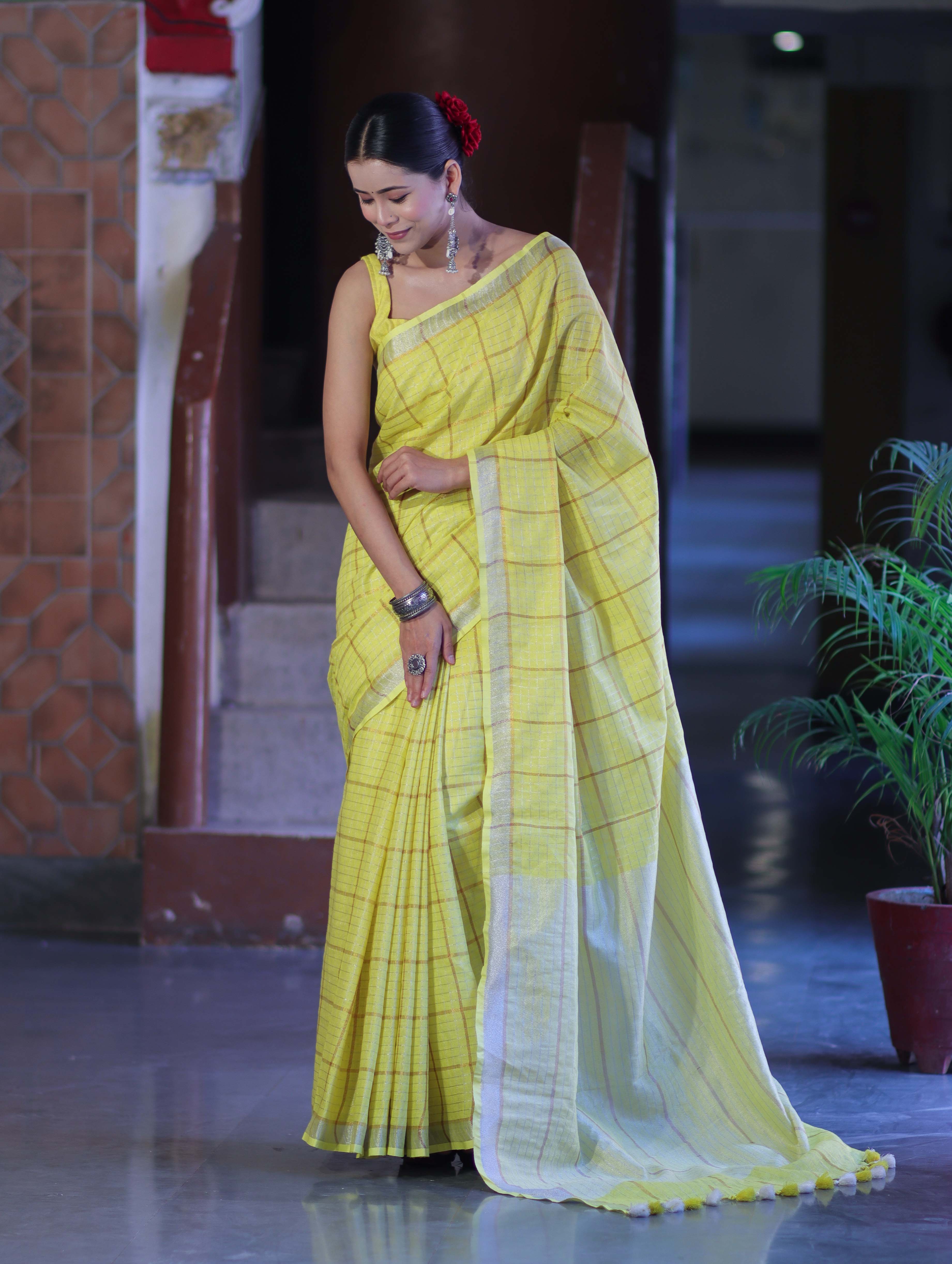 Bhagalpur Handloom Pure Linen Saree With Zari Checks Design-Yellow
