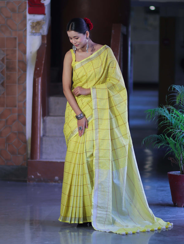 Bhagalpur Handloom Pure Linen Saree With Zari Checks Design-Yellow