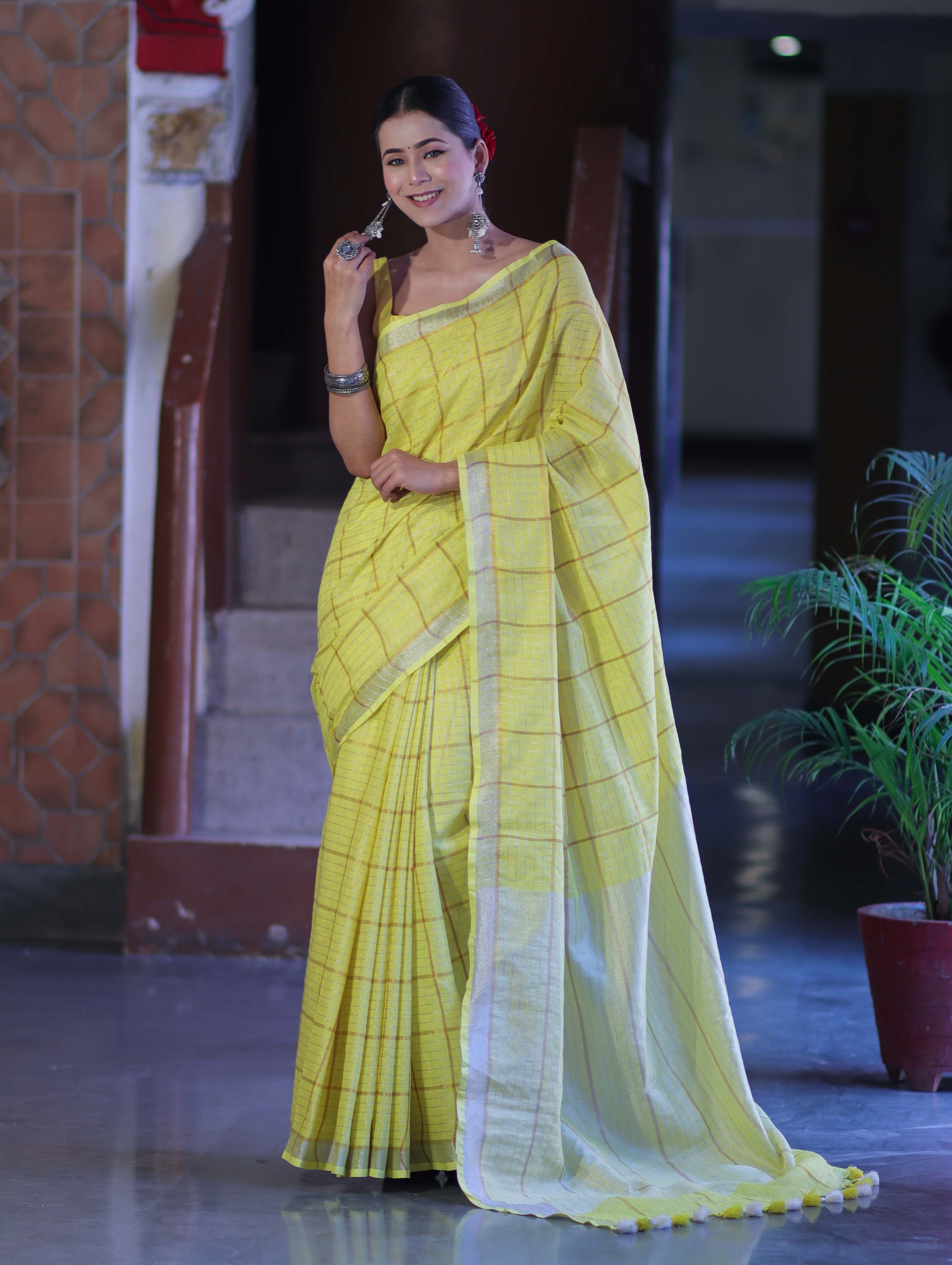 Bhagalpur Handloom Pure Linen Saree With Zari Checks Design-Yellow