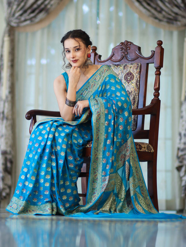 Banarasee Handloom Pure Chiffon Saree With Resham Work-Sky Blue