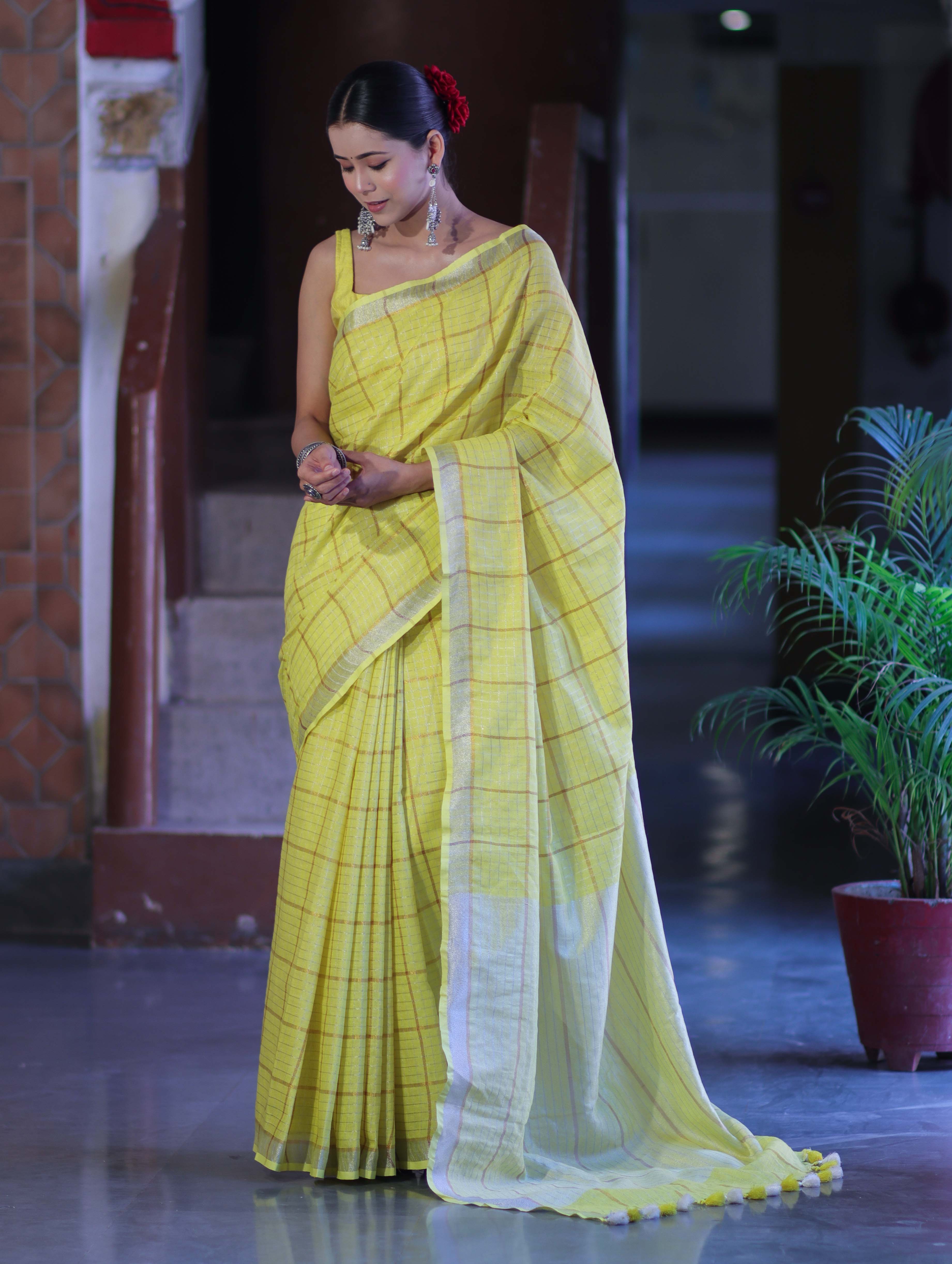 Bhagalpur Handloom Pure Linen Saree With Zari Checks Design-Yellow