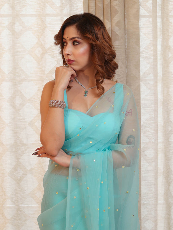 Banarasee Handwoven Semi Chiffon Saree With Mirror Work-Sky Blue