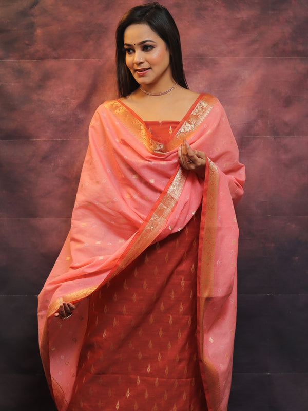 Banarasee Cotton Silk Salwar Kameez Fabric With Zari Work-Brown & Pink