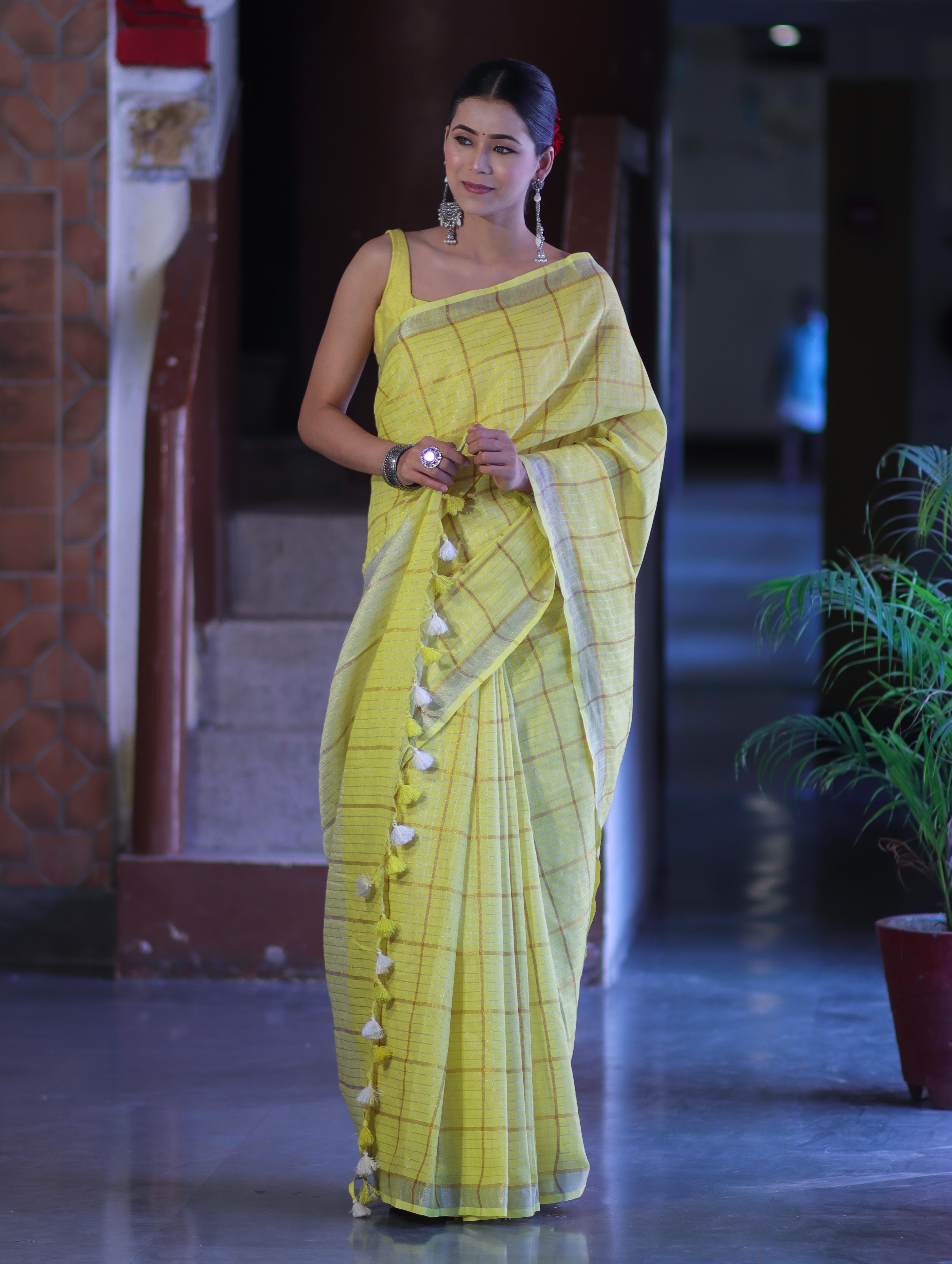 Bhagalpur Handloom Pure Linen Saree With Zari Checks Design-Yellow