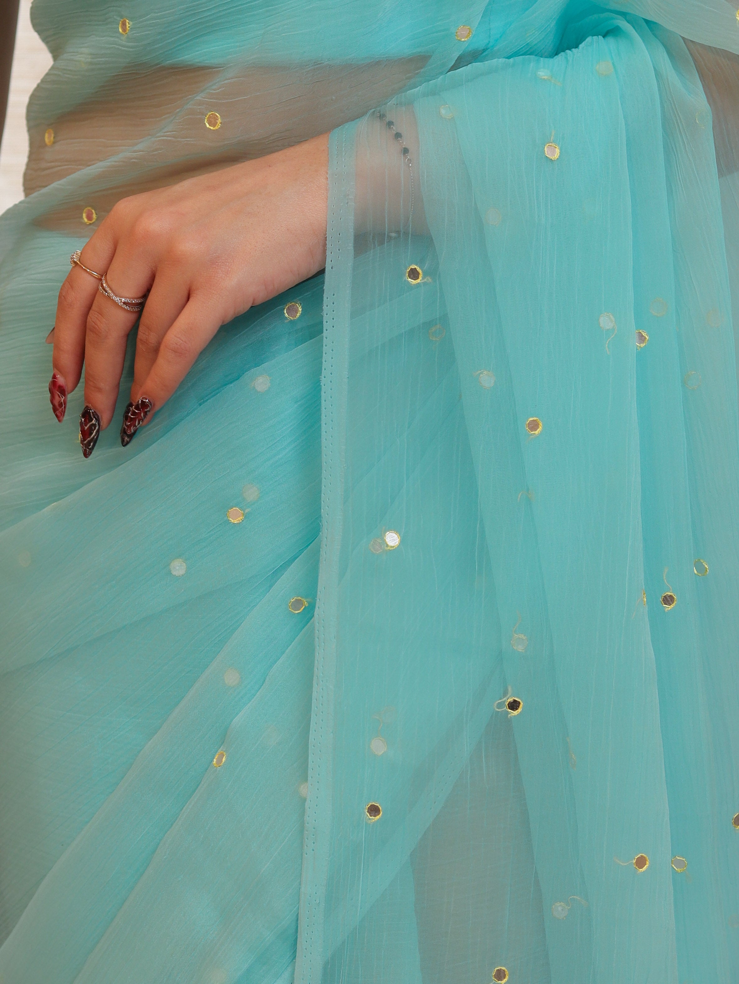Banarasee Handwoven Semi Chiffon Saree With Mirror Work-Sky Blue