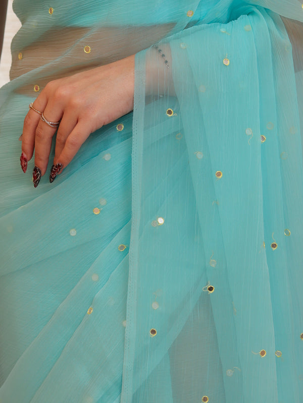 Banarasee Handwoven Semi Chiffon Saree With Mirror Work-Sky Blue