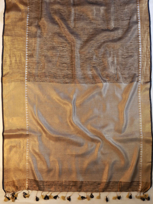 Banarasee Pure Linen By Tissue Metallic Shine Saree With Brocade Blouse-Black