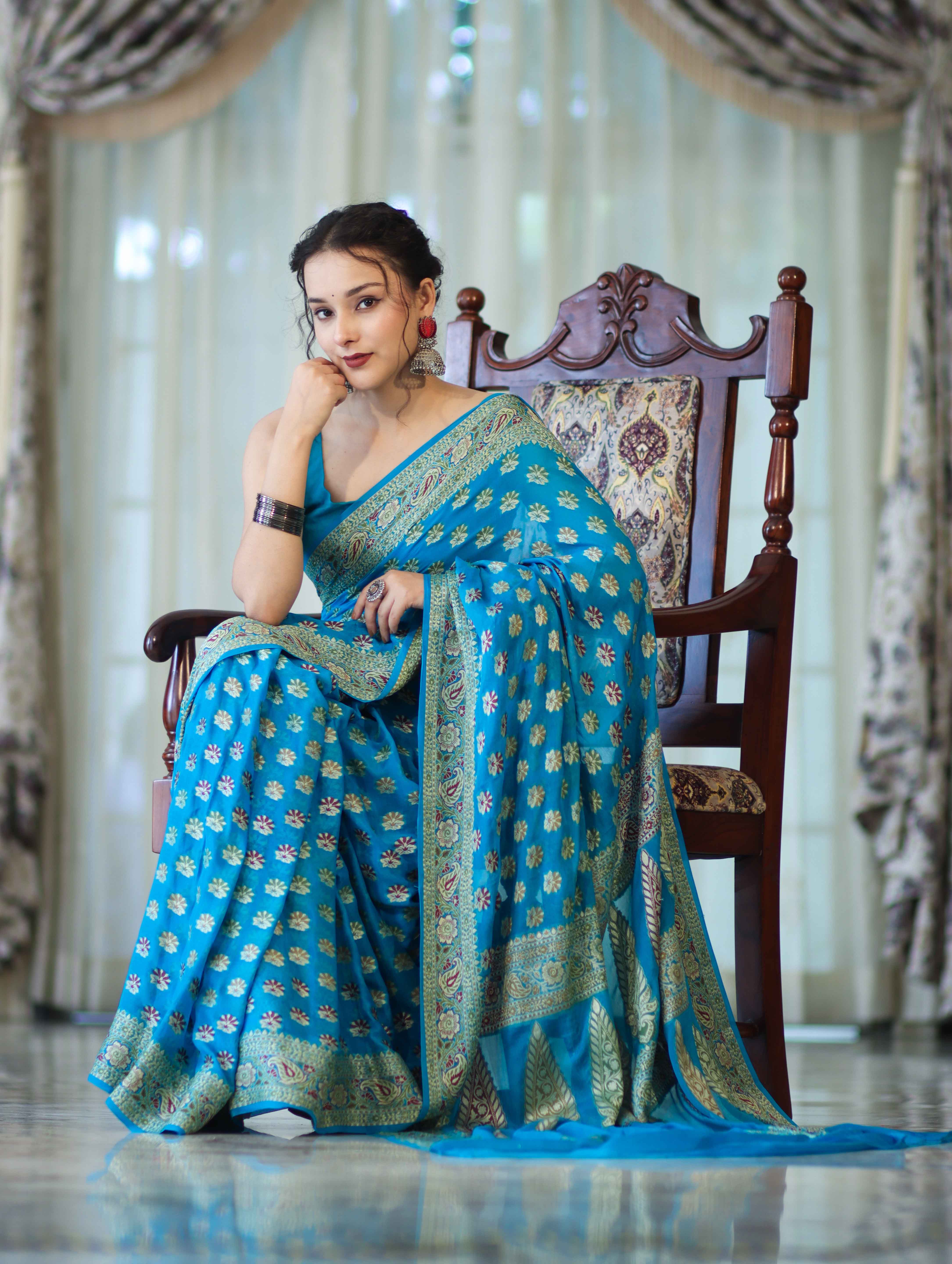 Banarasee Handloom Pure Chiffon Saree With Resham Work-Sky Blue