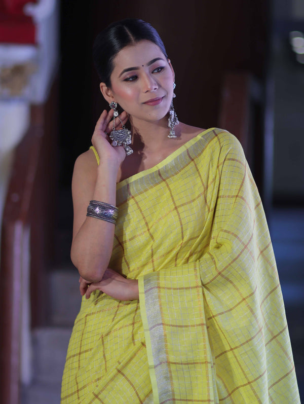Bhagalpur Handloom Pure Linen Saree With Zari Checks Design-Yellow