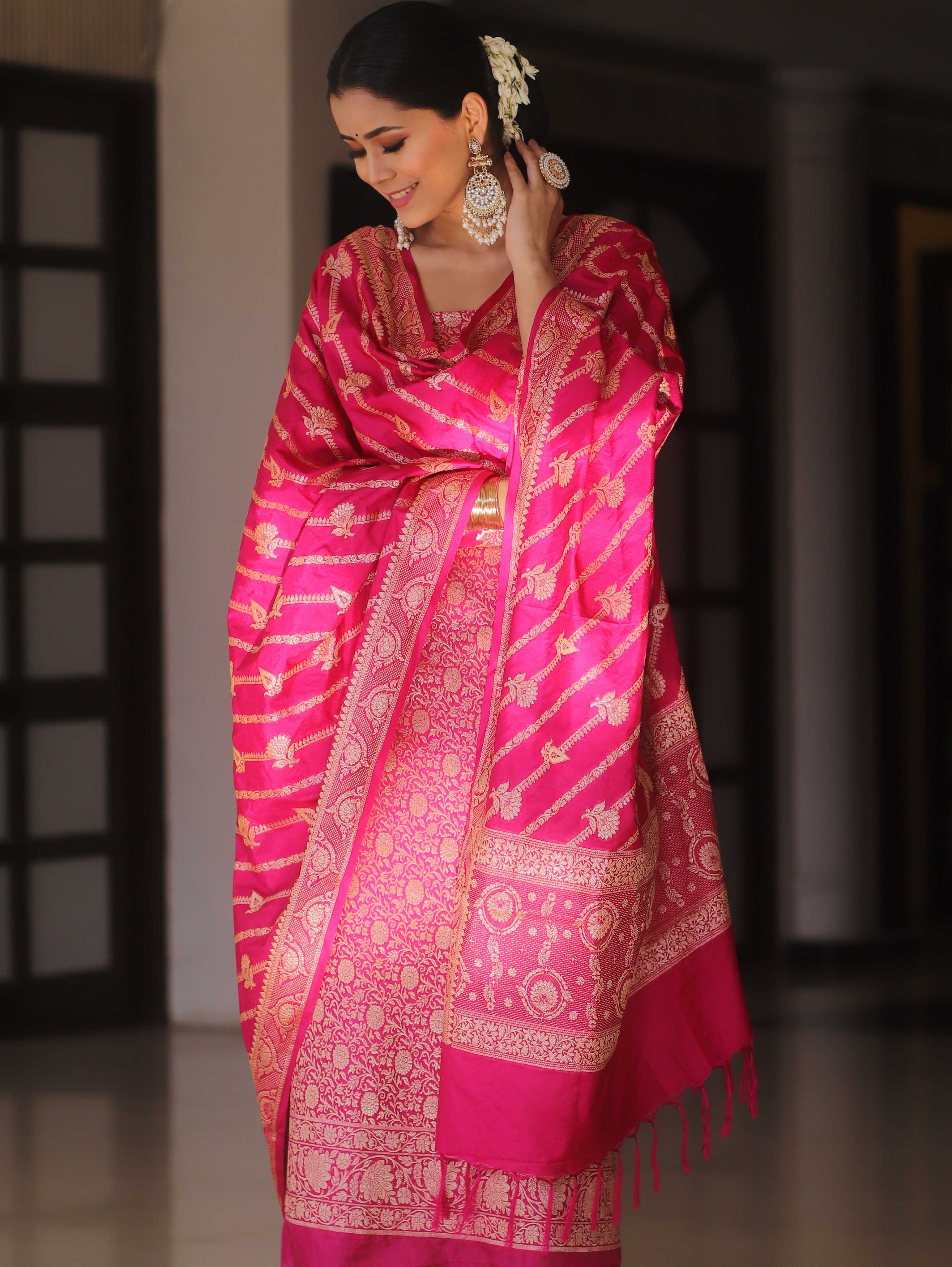 Banarasee Semi Katan Silk Salwar Kameez Fabric With Dupatta Zari Work-Pink