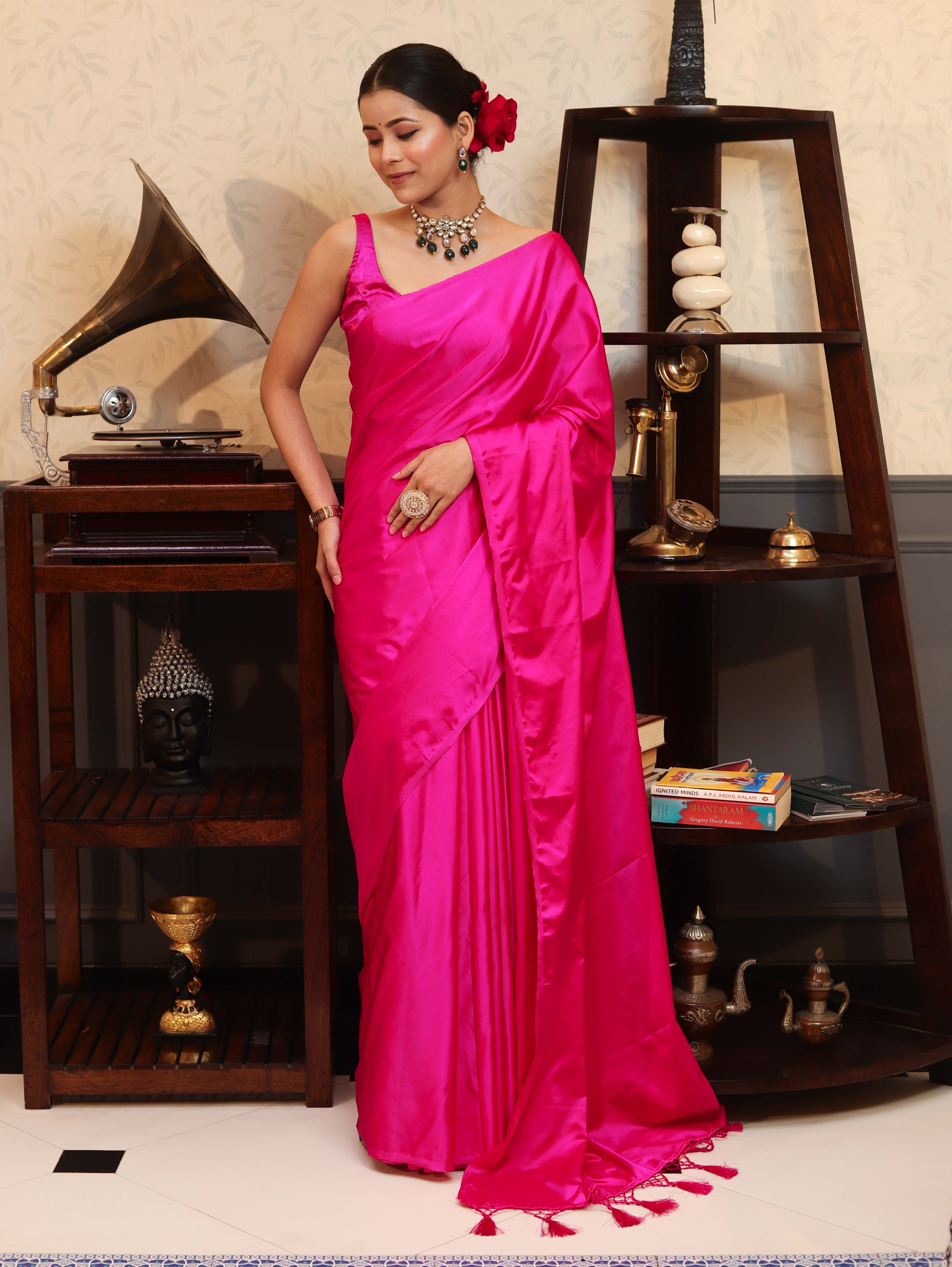 Banarasee Handloom Plain Mashru Silk Saree-Fuschia Pink