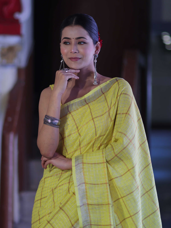 Bhagalpur Handloom Pure Linen Saree With Zari Checks Design-Yellow