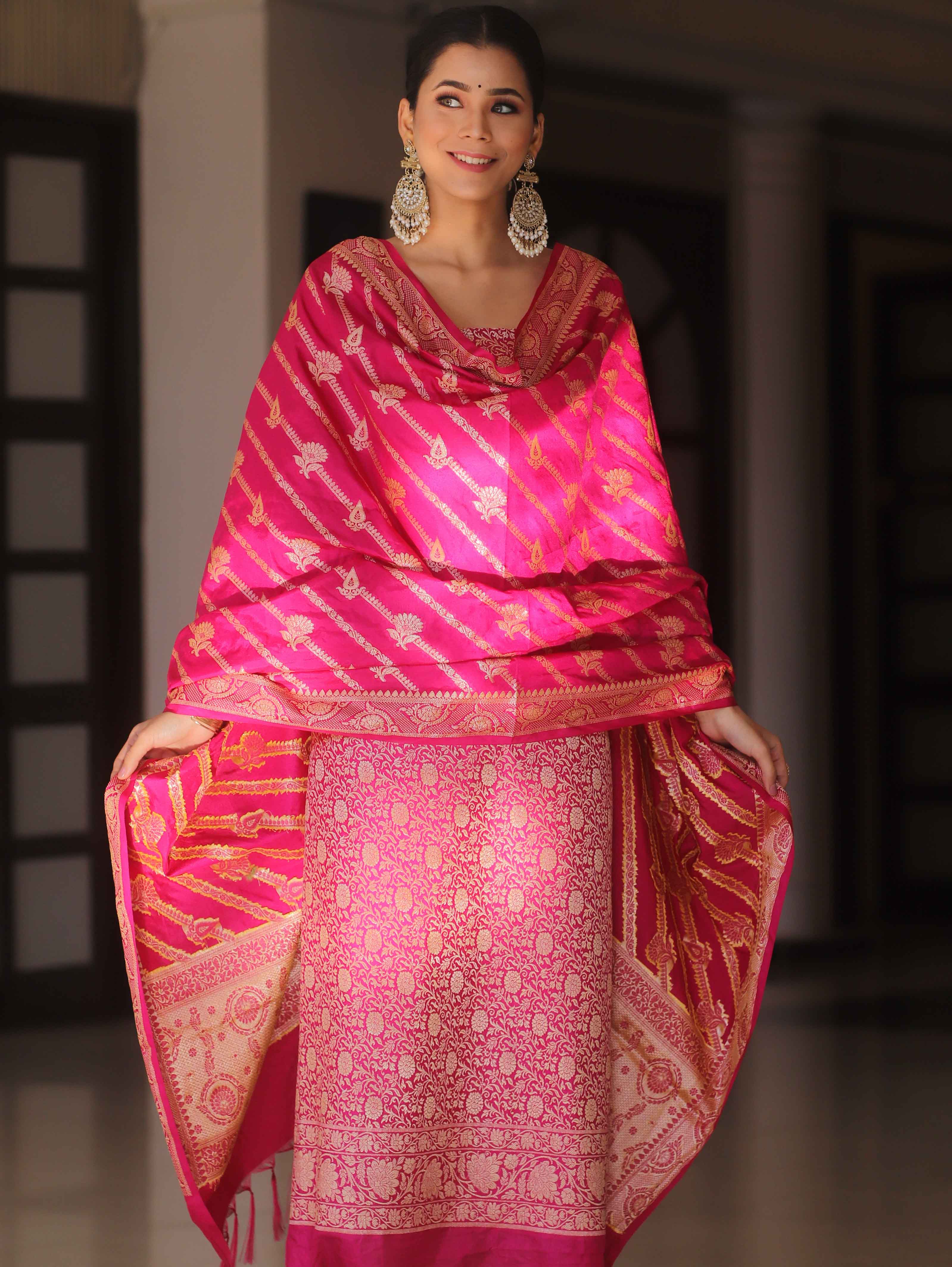 Banarasee Semi Katan Silk Salwar Kameez Fabric With Dupatta Zari Work-Pink