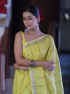 Bhagalpur Handloom Pure Linen Saree With Zari Checks Design-Yellow