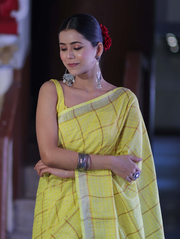 Bhagalpur Handloom Pure Linen Saree With Zari Checks Design-Yellow