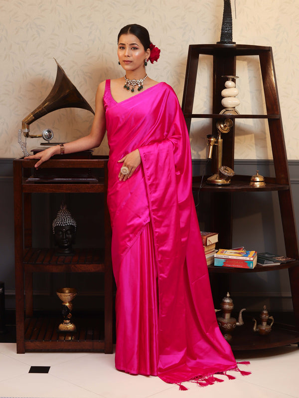 Banarasee Handloom Plain Mashru Silk Saree-Fuschia Pink