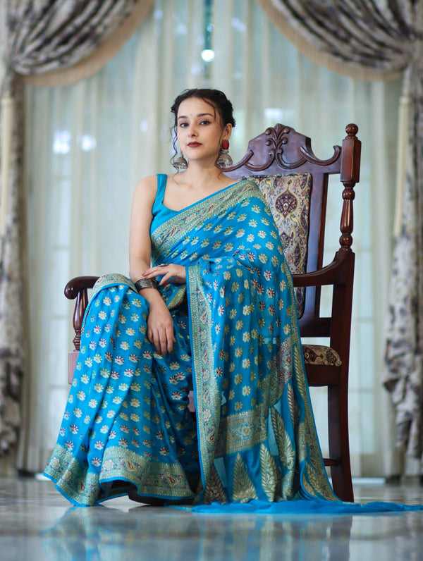 Banarasee Handloom Pure Chiffon Saree With Resham Work-Sky Blue