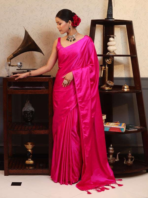 Banarasee Handloom Plain Mashru Silk Saree-Fuschia Pink