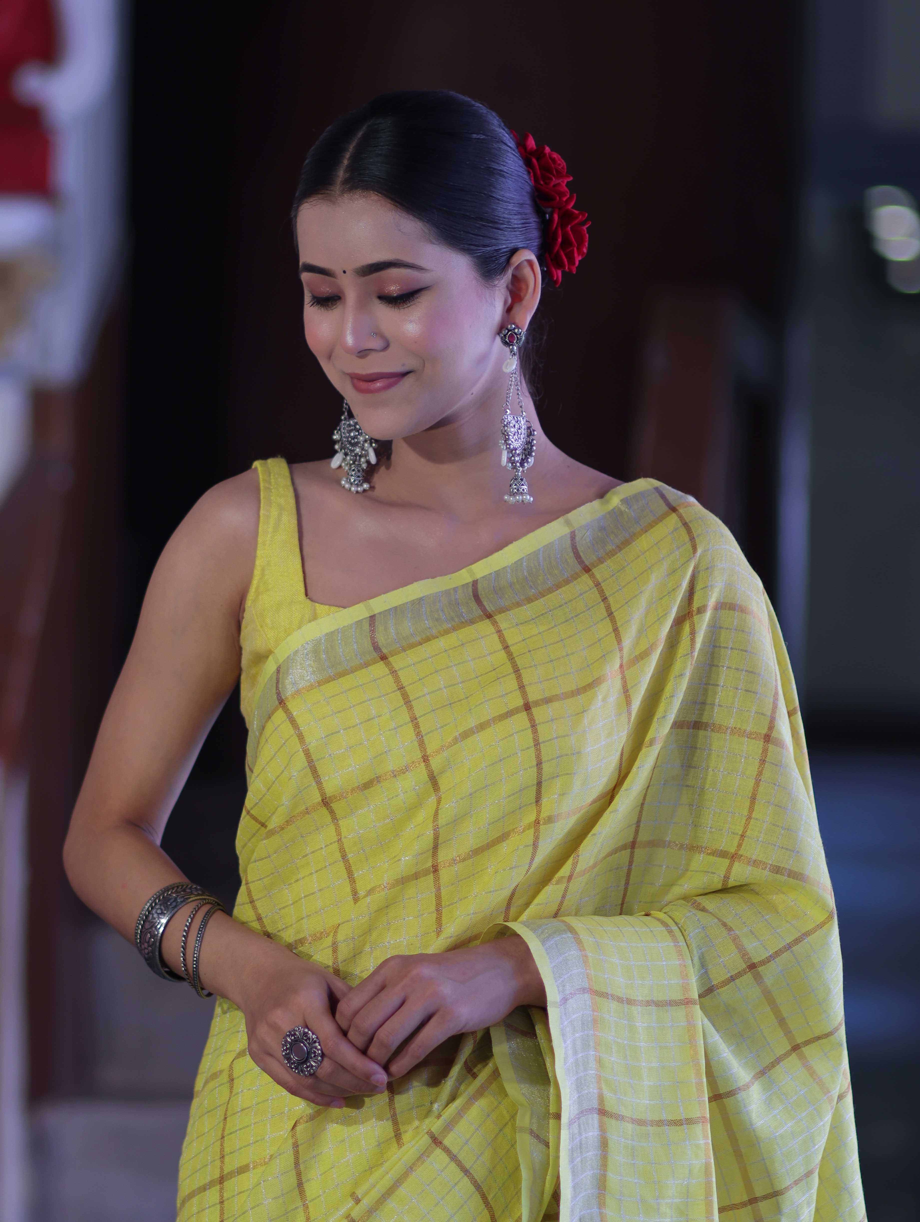 Bhagalpur Handloom Pure Linen Saree With Zari Checks Design-Yellow