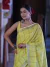 Bhagalpur Handloom Pure Linen Saree With Zari Checks Design-Yellow