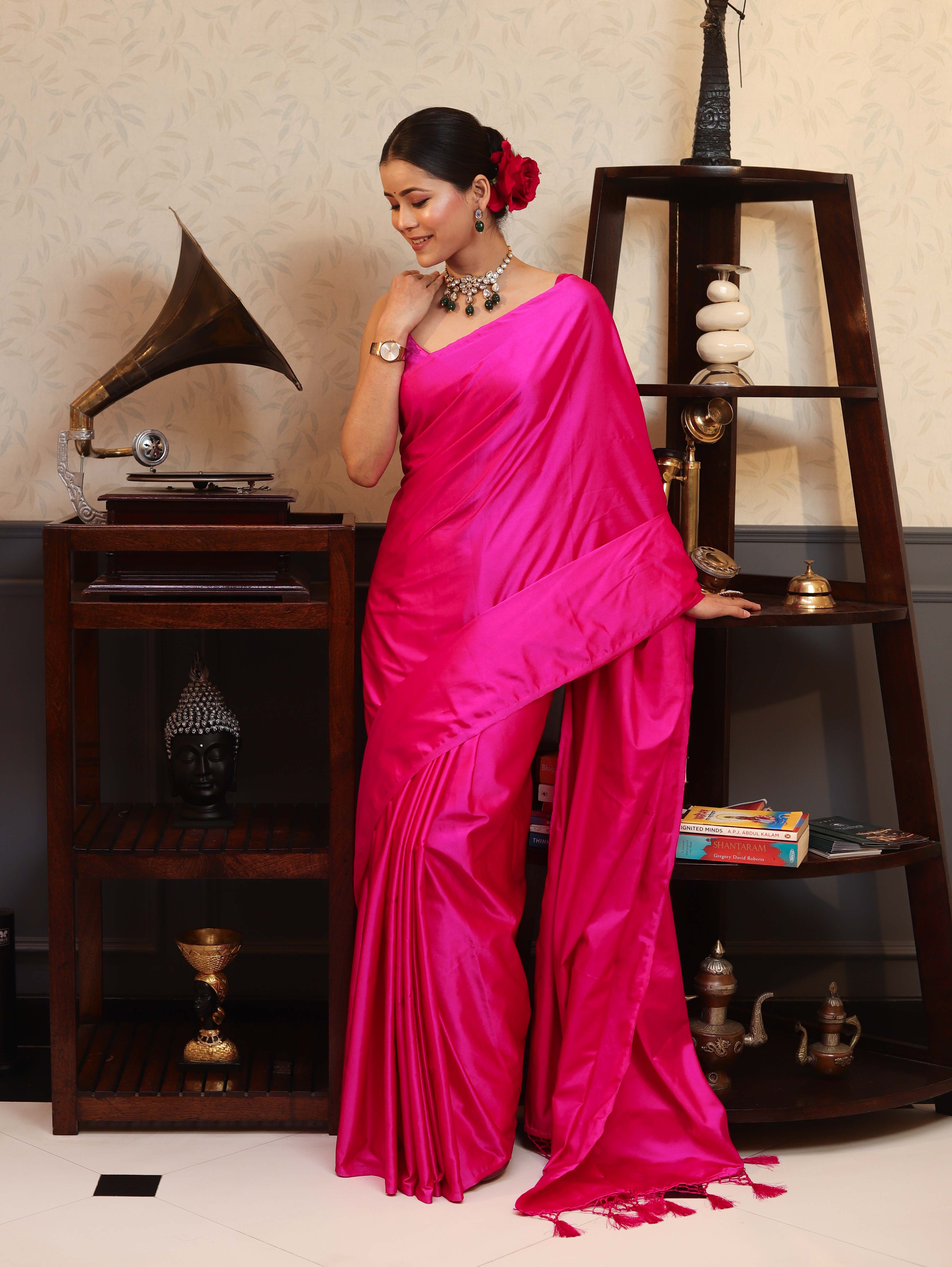 Banarasee Handloom Plain Mashru Silk Saree-Fuschia Pink