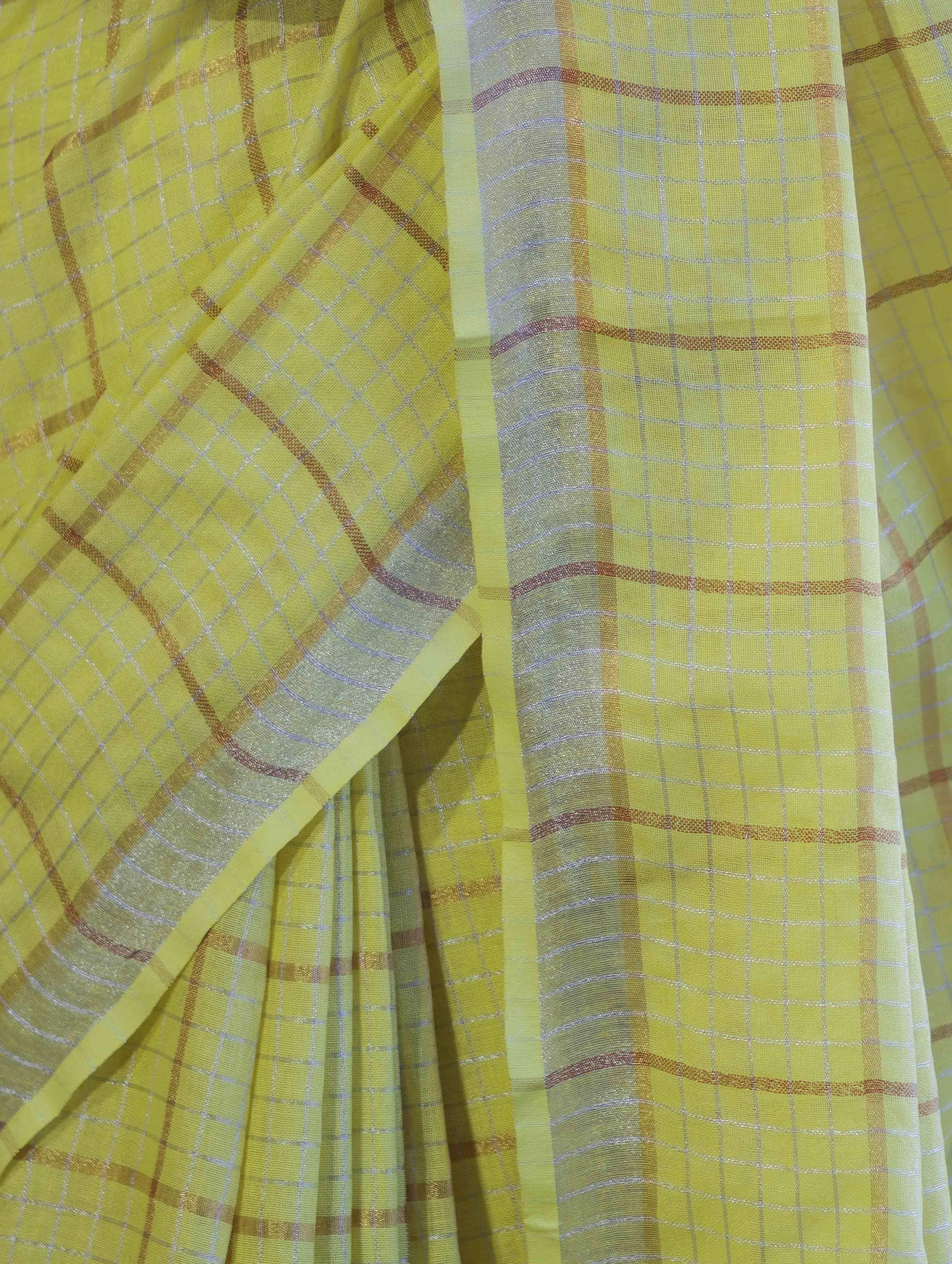 Bhagalpur Handloom Pure Linen Saree With Zari Checks Design-Yellow
