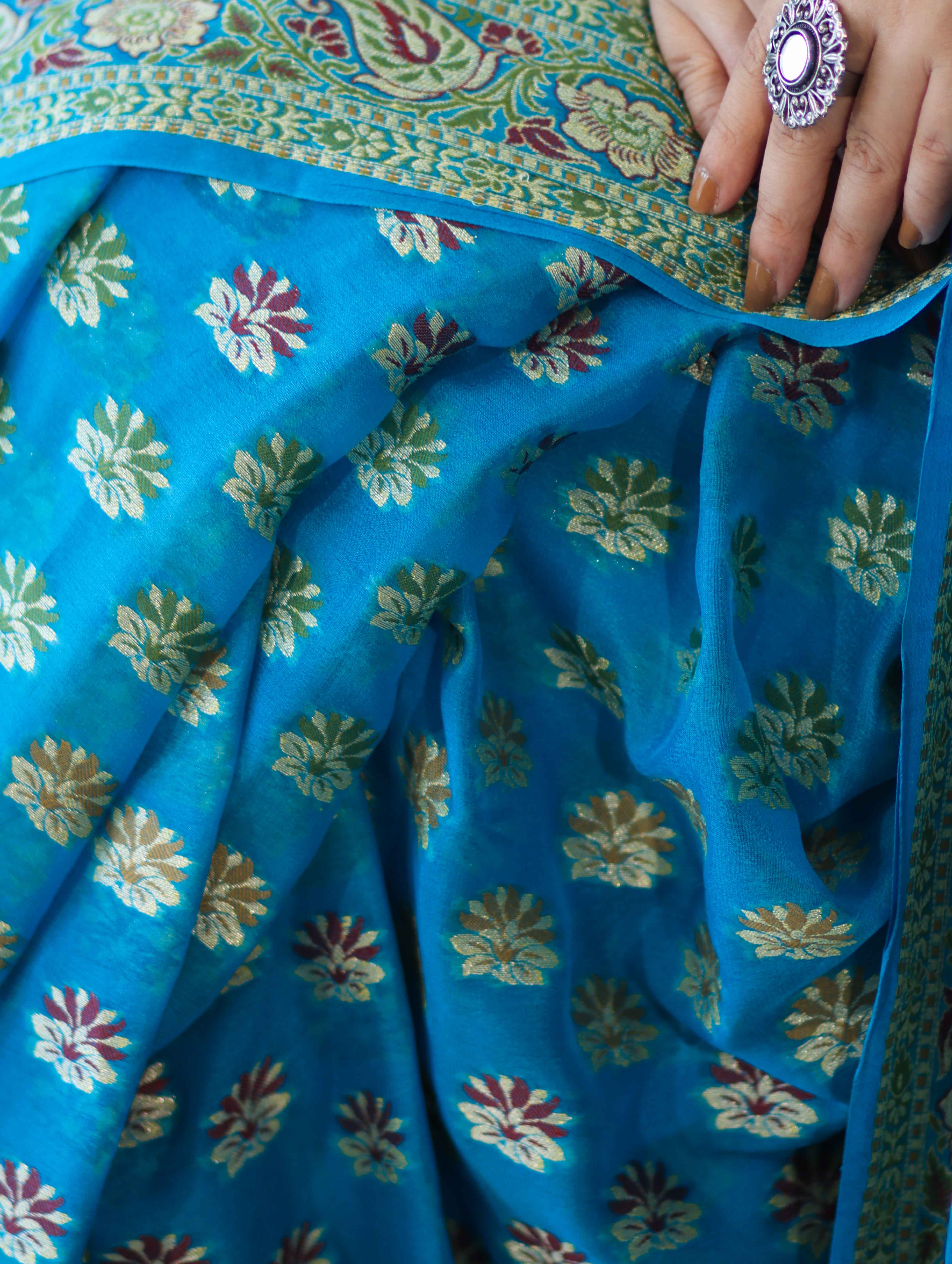 Banarasee Handloom Pure Chiffon Saree With Resham Work-Sky Blue