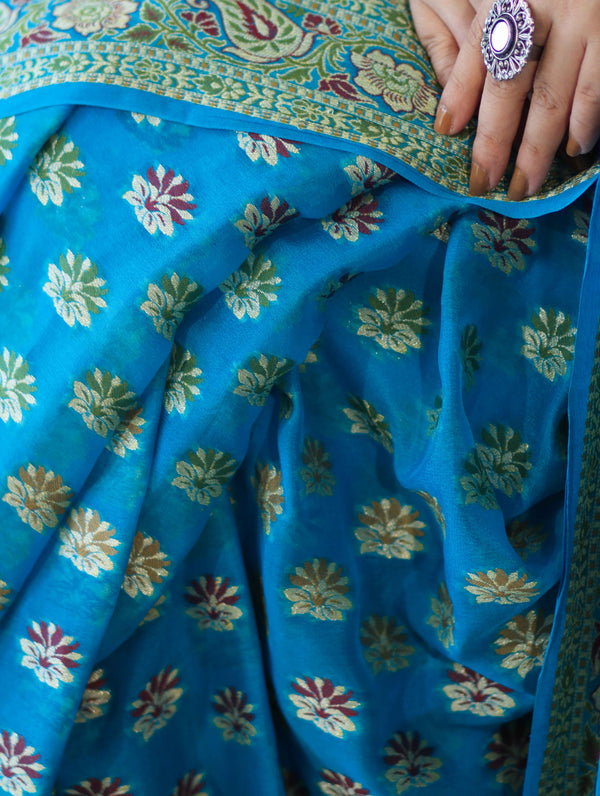 Banarasee Handloom Pure Chiffon Saree With Resham Work-Sky Blue