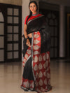 Handloom Maheshwari Silk Bagru Block Printed Mirror Work Saree-Black